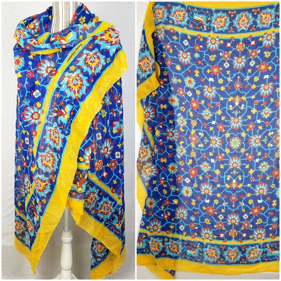 HERMES Shawl Scarf Pareo 100% Cotton Lightweight Blue Yellow Red Persian Motif
